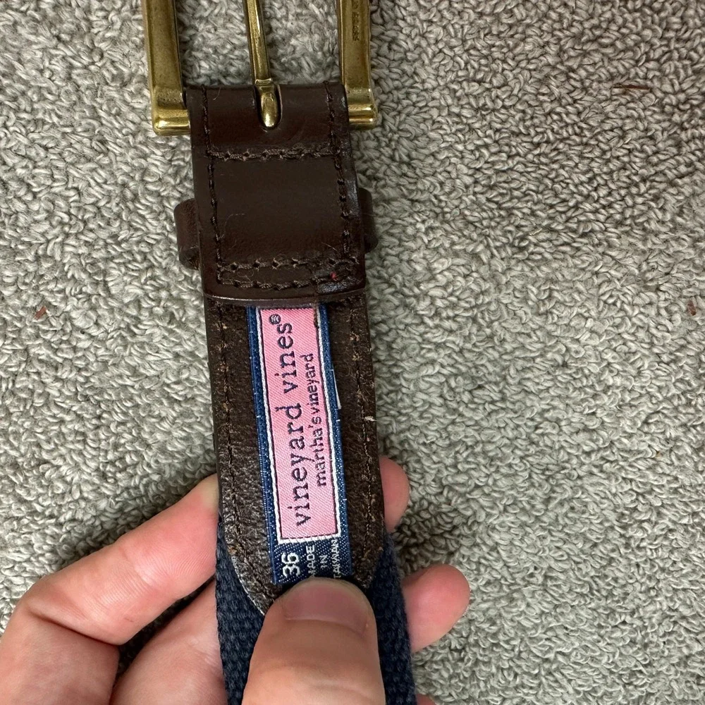 Vineyard Vines Mens 36 Striped Canvas Leather Club Belt Blue VV-1A1016 Brass
